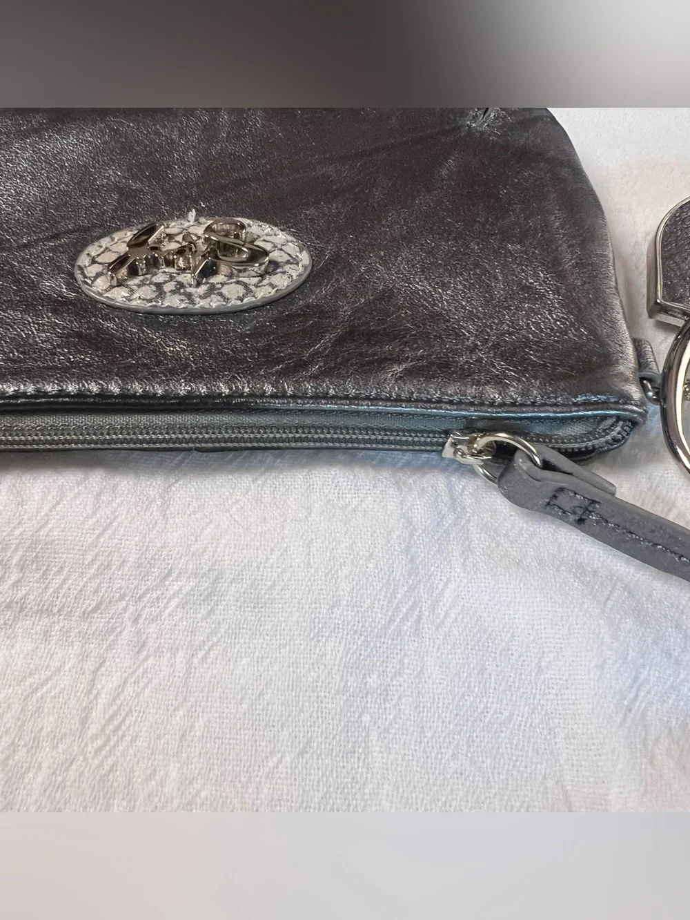 Sharif Genuine Leather Wristlet w/ Panther King Ring Metallic Silver Used Once